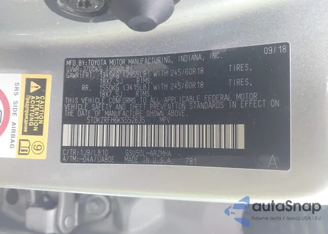 2019 Toyota Highlander Xle z USA, uszkodzony, nr VIN 5TDKZRFH6KS552635